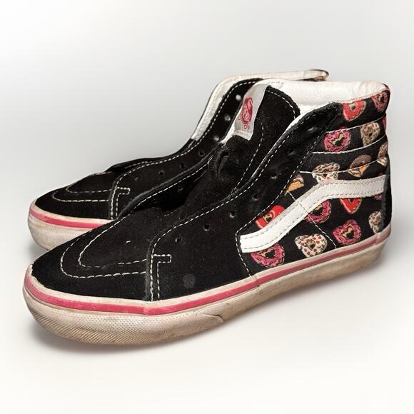 Vans Sk8-Hi Hearts Donut Print Black High Top Shoes Kids 2.0 No Laces - Picture 1 of 8